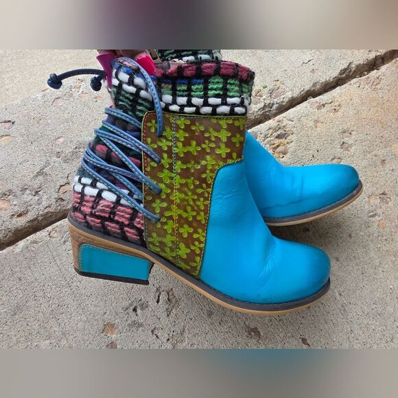 Sofia Leather & Fabric Women's Handmade Boots Zipper Round Turquoise Sz 38/8 - Picture 4 of 8